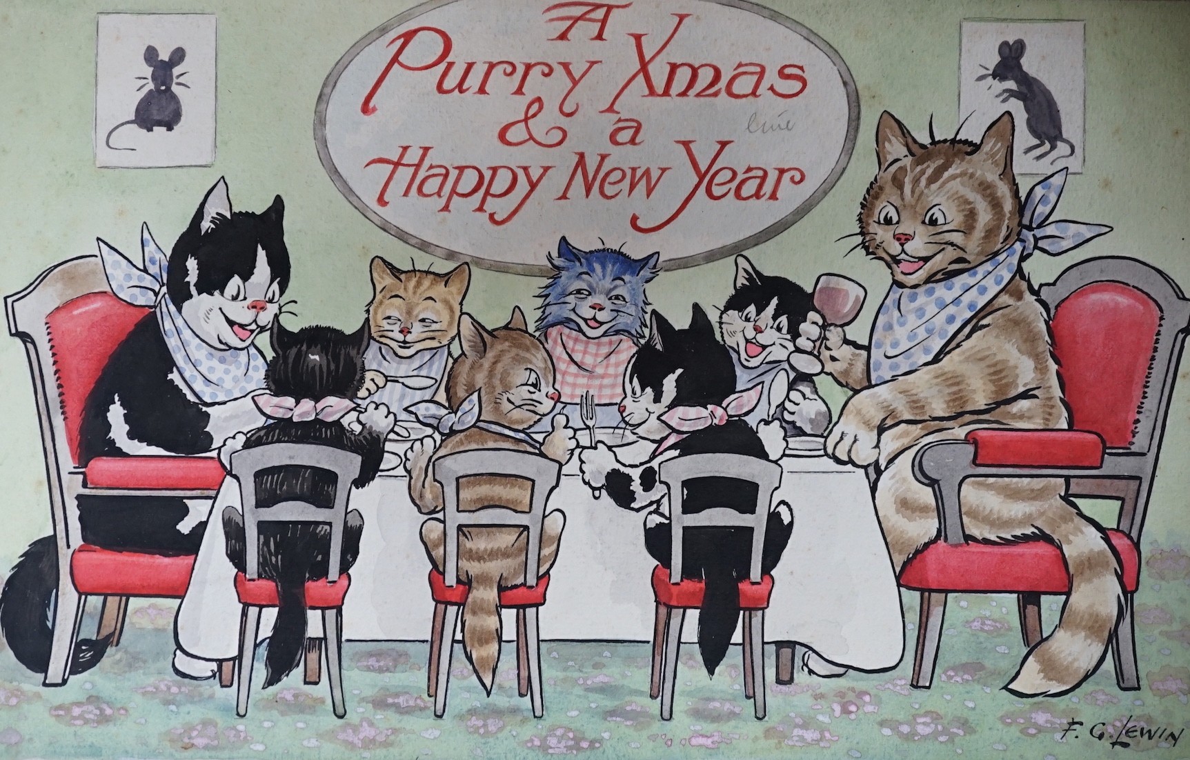 Frederick George Lewin (1861-1933), two original ink and watercolour postcard artworks, 'A Purry Xmas' and 'A Happy New Year', signed, 18 x 28.5cm, unframed